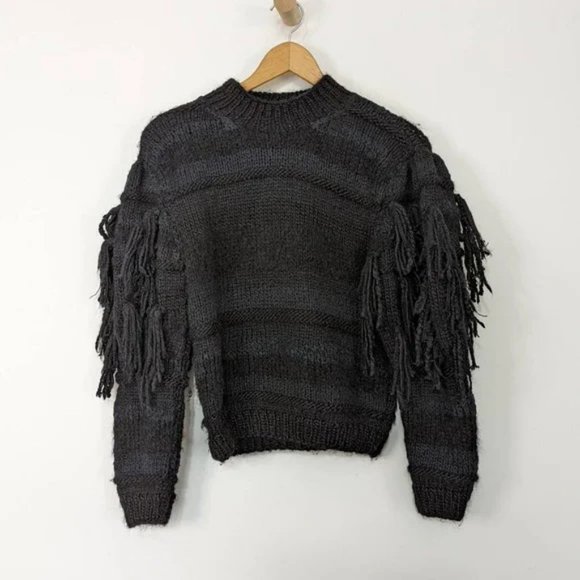 Ulla Johnson Delma Sweater Black Navy Stripe Alpaca Fringe Size Medium Preowned